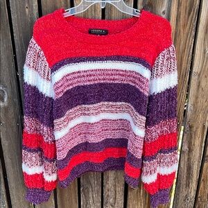 Joseph A Sweater XL Red Purple Crew Neck Stripes Soft Cozy Bubble Sleeves Chunky